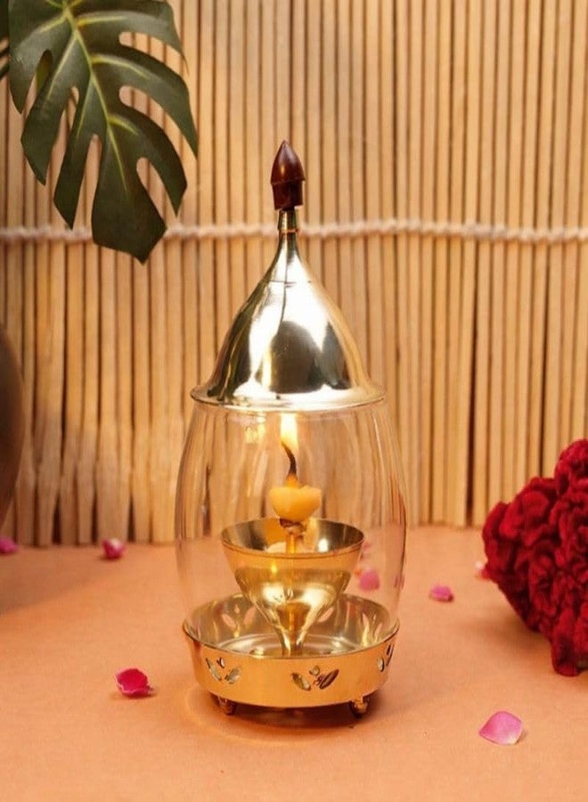 ServDharm Brass Arpan Diya for Pooja with Curved Glass Cover 6.3", 16 cm | Pital Decorative Oil Lamp for Pooja and Home Decor | Deepam Vilakku for Pooja | Puja Diya for Home Mandir - Image 1